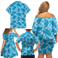 Blue Hawaii Kalo Palaka Motifs Family Matching Off Shoulder Short Dress and Hawaiian Shirt Hawaiian Taro Leaves Elegant Vibes - Polynesian Pride