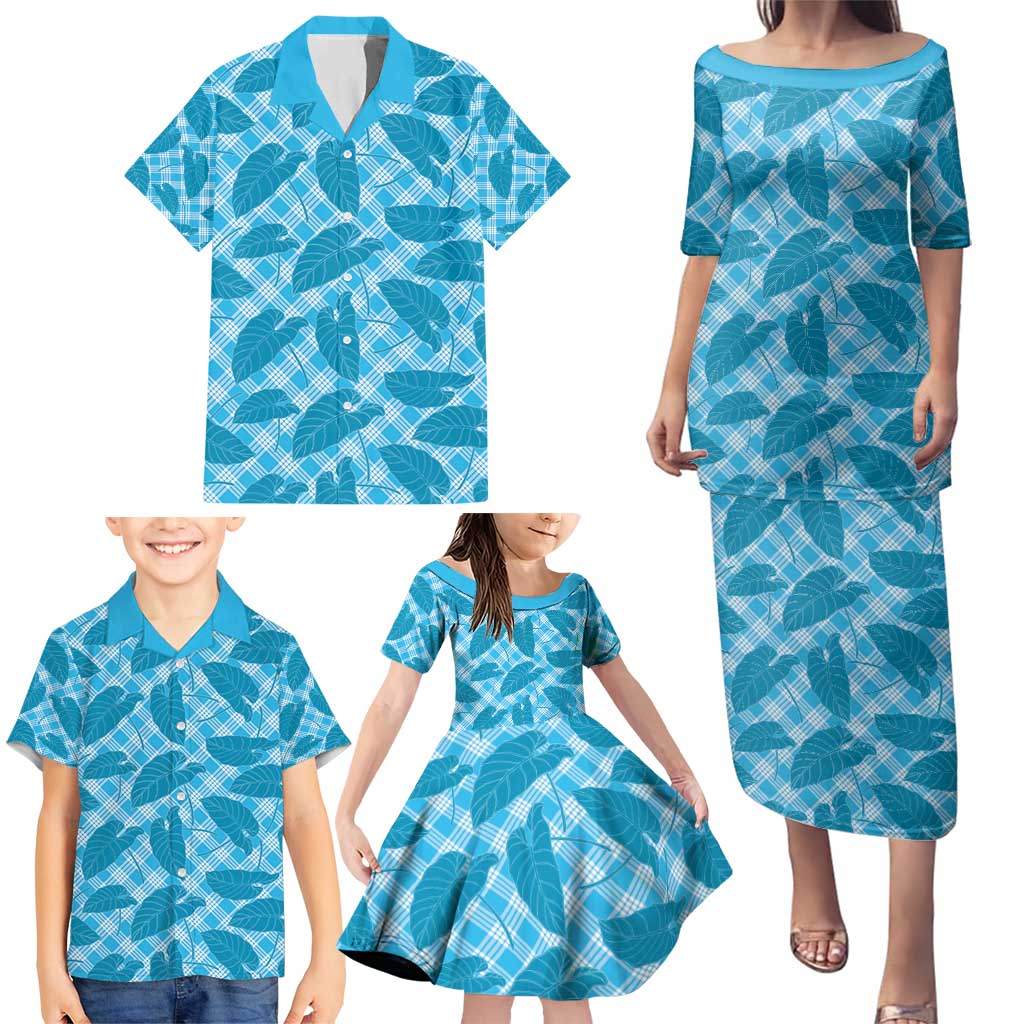 Blue Hawaii Kalo Palaka Motifs Family Matching Puletasi and Hawaiian Shirt Hawaiian Taro Leaves Elegant Vibes - Polynesian Pride