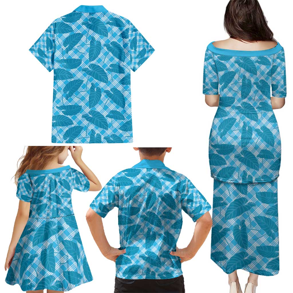 Blue Hawaii Kalo Palaka Motifs Family Matching Puletasi and Hawaiian Shirt Hawaiian Taro Leaves Elegant Vibes - Polynesian Pride
