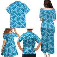 Blue Hawaii Kalo Palaka Motifs Family Matching Puletasi and Hawaiian Shirt Hawaiian Taro Leaves Elegant Vibes - Polynesian Pride