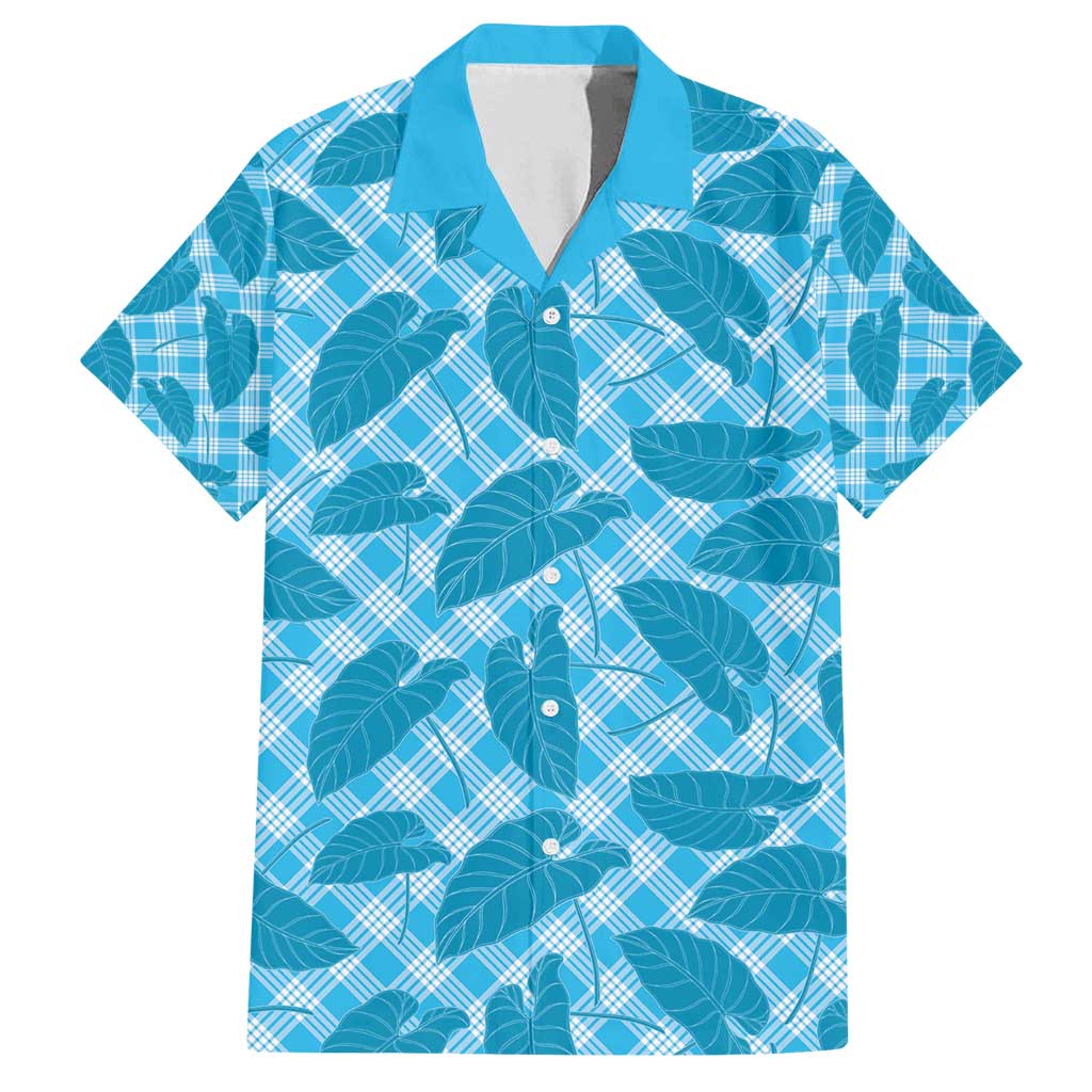 Blue Hawaii Kalo Palaka Motifs Family Matching Puletasi and Hawaiian Shirt Hawaiian Taro Leaves Elegant Vibes - Polynesian Pride