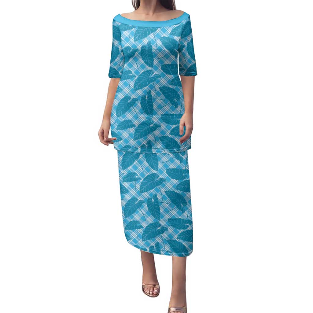 Blue Hawaii Kalo Palaka Motifs Family Matching Puletasi and Hawaiian Shirt Hawaiian Taro Leaves Elegant Vibes - Polynesian Pride