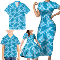Blue Hawaii Kalo Palaka Motifs Family Matching Short Sleeve Bodycon Dress and Hawaiian Shirt Hawaiian Taro Leaves Elegant Vibes - Polynesian Pride
