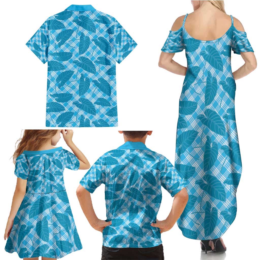 Blue Hawaii Kalo Palaka Motifs Family Matching Summer Maxi Dress and Hawaiian Shirt Hawaiian Taro Leaves Elegant Vibes - Polynesian Pride