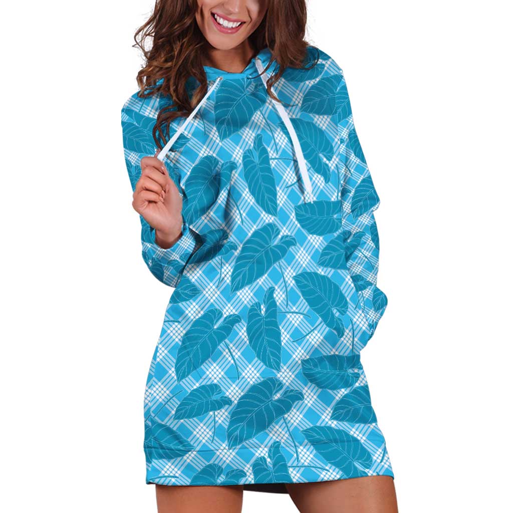 Blue Hawaii Kalo Palaka Motifs Hoodie Dress Hawaiian Taro Leaves Elegant Vibes - Polynesian Pride