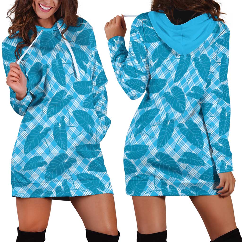 Blue Hawaii Kalo Palaka Motifs Hoodie Dress Hawaiian Taro Leaves Elegant Vibes - Polynesian Pride