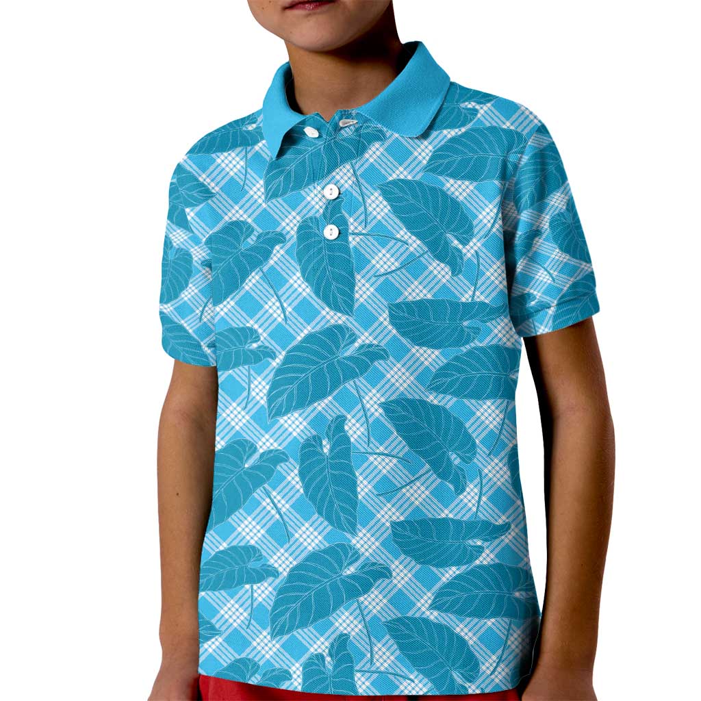 Blue Hawaii Kalo Palaka Motifs Kid Polo Shirt Hawaiian Taro Leaves Elegant Vibes - Polynesian Pride