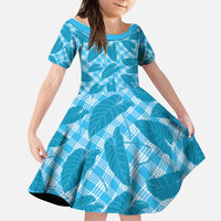 Blue Hawaii Kalo Palaka Motifs Kid Short Sleeve Dress Hawaiian Taro Leaves Elegant Vibes - Polynesian Pride