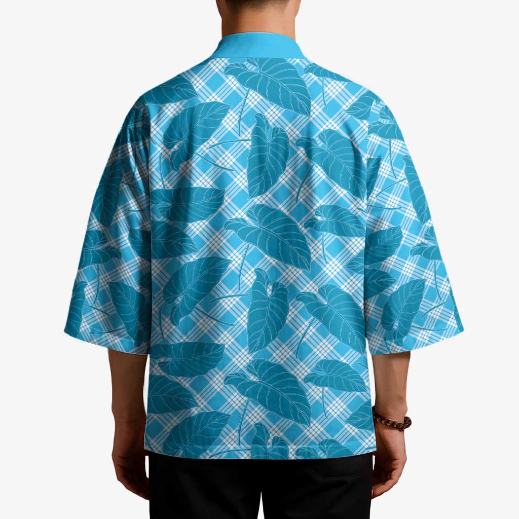 Blue Hawaii Kalo Palaka Motifs Kimono Hawaiian Taro Leaves Elegant Vibes - Polynesian Pride