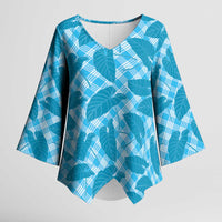 Blue Hawaii Kalo Palaka Motifs Kimono Sleeve Blouse Hawaiian Taro Leaves Elegant Vibes - Polynesian Pride