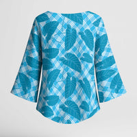 Blue Hawaii Kalo Palaka Motifs Kimono Sleeve Blouse Hawaiian Taro Leaves Elegant Vibes - Polynesian Pride