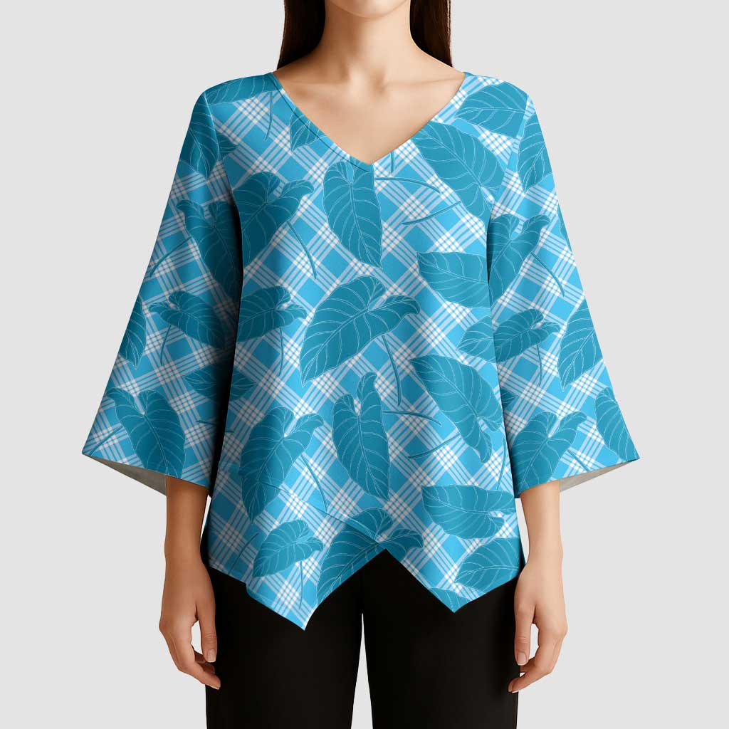 Blue Hawaii Kalo Palaka Motifs Kimono Sleeve Blouse Hawaiian Taro Leaves Elegant Vibes - Polynesian Pride