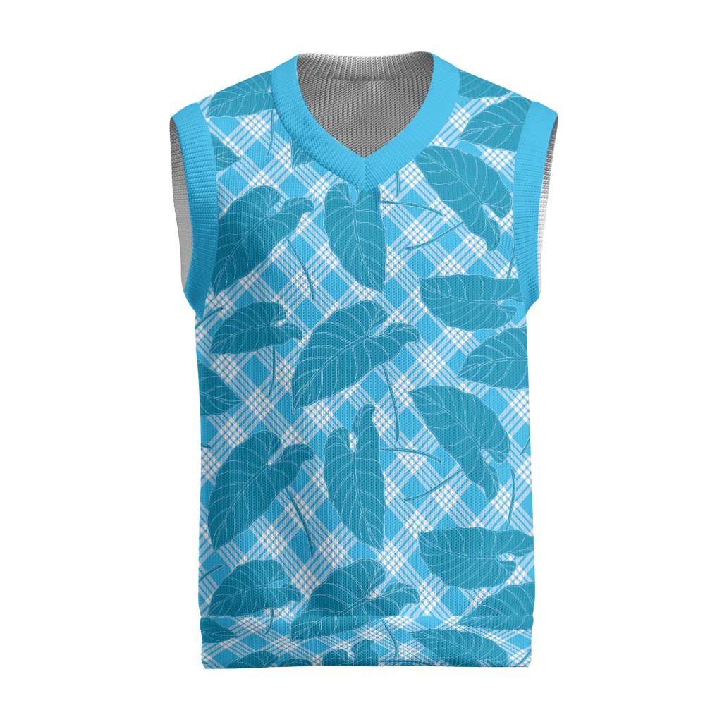 Blue Hawaii Kalo Palaka Motifs Christmas Knitted V-Neck Vest Hawaiian Taro Leaves Elegant Vibes - Polynesian Pride