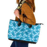 Blue Hawaii Kalo Palaka Motifs Leather Tote Bag Hawaiian Taro Leaves Elegant Vibes - Polynesian Pride