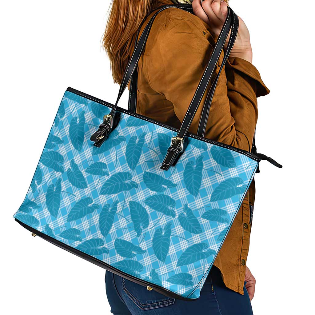 Blue Hawaii Kalo Palaka Motifs Leather Tote Bag Hawaiian Taro Leaves Elegant Vibes - Polynesian Pride
