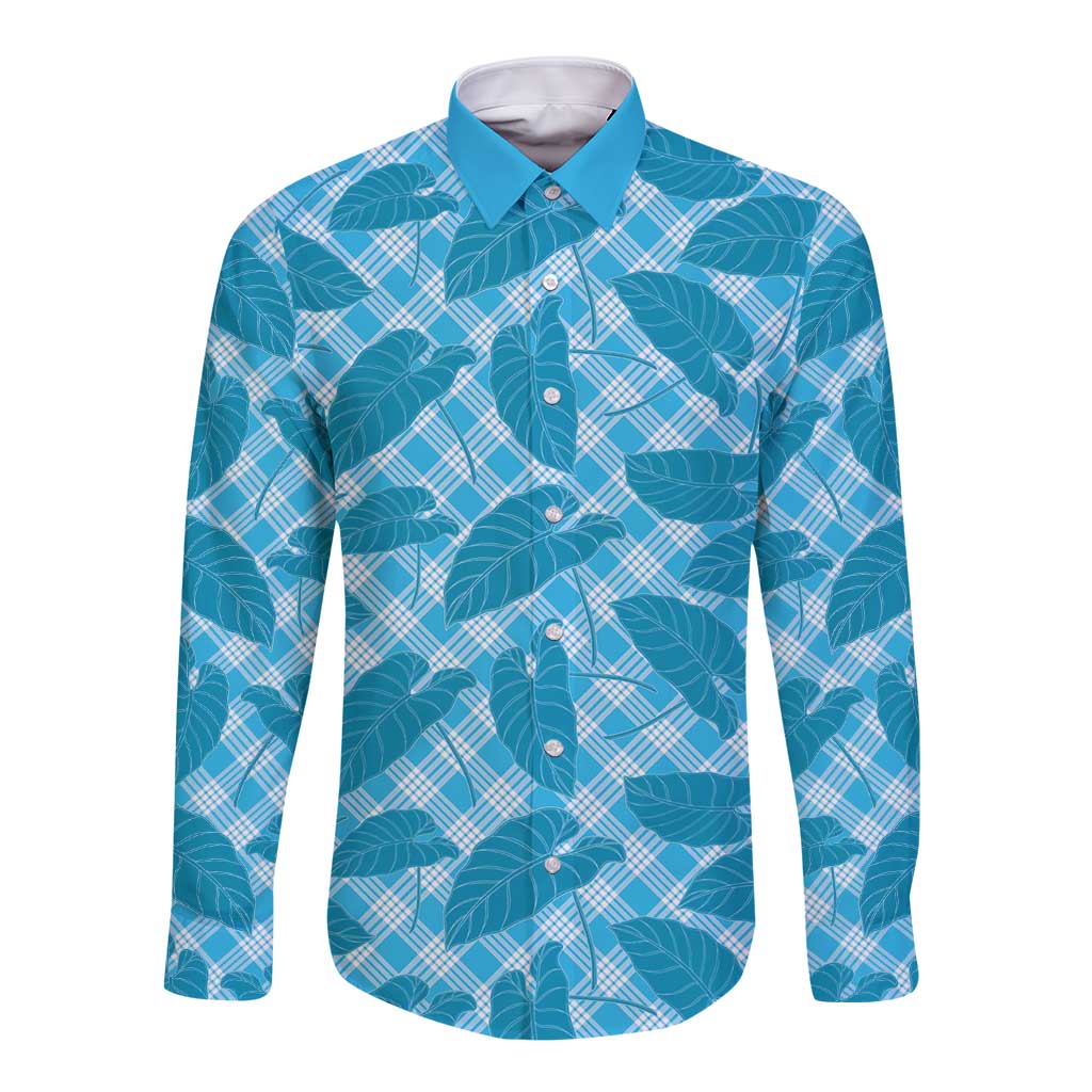 Blue Hawaii Kalo Palaka Motifs Long Sleeve Button Shirt Hawaiian Taro Leaves Elegant Vibes - Polynesian Pride