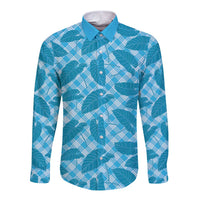 Blue Hawaii Kalo Palaka Motifs Long Sleeve Button Shirt Hawaiian Taro Leaves Elegant Vibes - Polynesian Pride