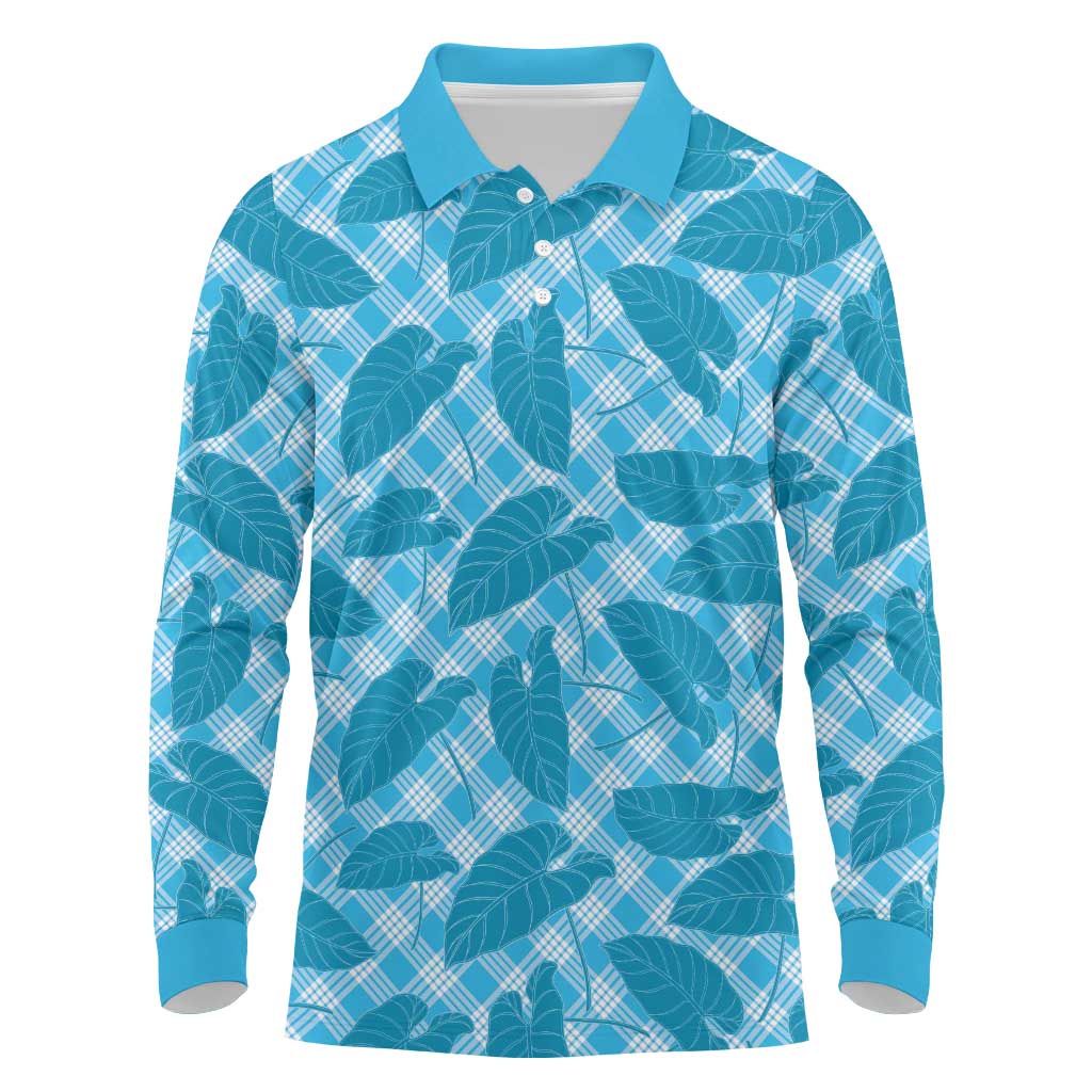 Blue Hawaii Kalo Palaka Motifs Long Sleeve Polo Shirt Hawaiian Taro Leaves Elegant Vibes - Polynesian Pride