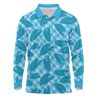 Blue Hawaii Kalo Palaka Motifs Long Sleeve Polo Shirt Hawaiian Taro Leaves Elegant Vibes - Polynesian Pride