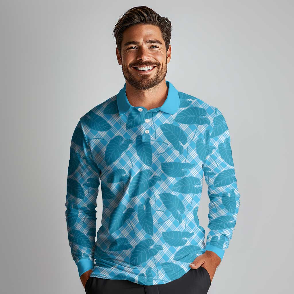 Blue Hawaii Kalo Palaka Motifs Long Sleeve Polo Shirt Hawaiian Taro Leaves Elegant Vibes - Polynesian Pride