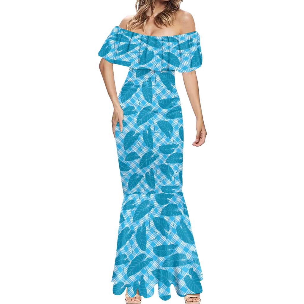 Blue Hawaii Kalo Palaka Motifs Mermaid Dress Hawaiian Taro Leaves Elegant Vibes - Polynesian Pride