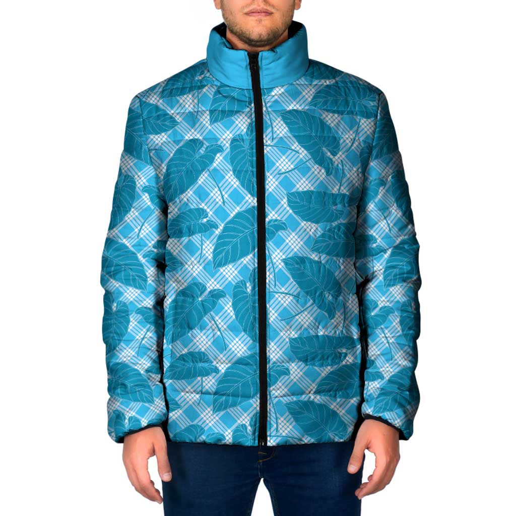 Blue Hawaii Kalo Palaka Motifs Padded Jacket Hawaiian Taro Leaves Elegant Vibes - Polynesian Pride