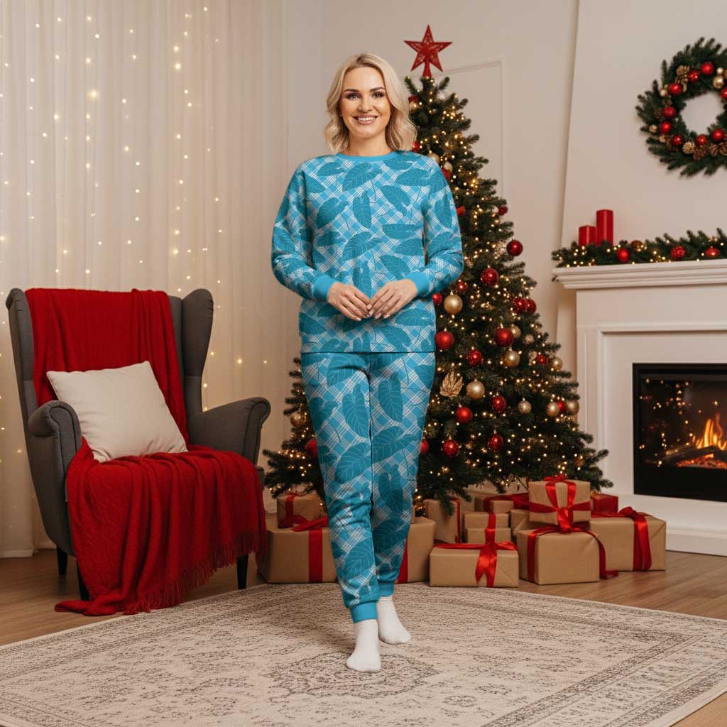 Blue Hawaii Kalo Palaka Motifs Christmas Pajama Set Hawaiian Taro Leaves Elegant Vibes - Polynesian Pride