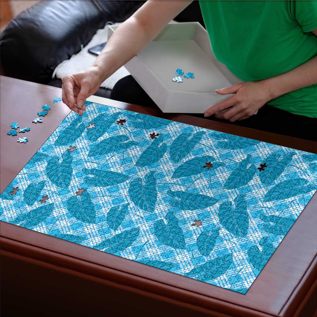 Blue Hawaii Kalo Palaka Motifs Puzzle Hawaiian Taro Leaves Elegant Vibes - Polynesian Pride