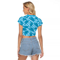 Blue Hawaii Kalo Palaka Motifs Raglan Cropped T Shirt Hawaiian Taro Leaves Elegant Vibes - Polynesian Pride