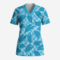 Blue Hawaii Kalo Palaka Motifs Scrub Top Hawaiian Taro Leaves Elegant Vibes - Polynesian Pride