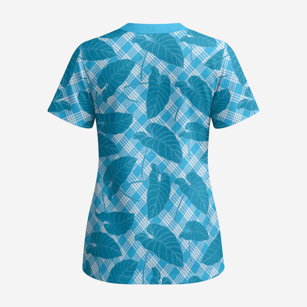 Blue Hawaii Kalo Palaka Motifs Scrub Top Hawaiian Taro Leaves Elegant Vibes - Polynesian Pride