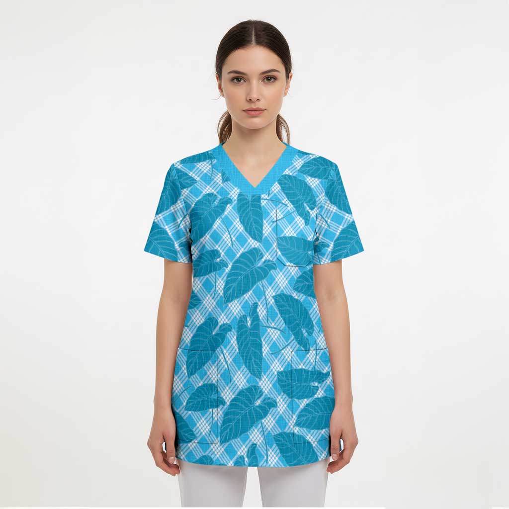 Blue Hawaii Kalo Palaka Motifs Scrub Top Hawaiian Taro Leaves Elegant Vibes - Polynesian Pride
