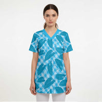 Blue Hawaii Kalo Palaka Motifs Scrub Top Hawaiian Taro Leaves Elegant Vibes - Polynesian Pride