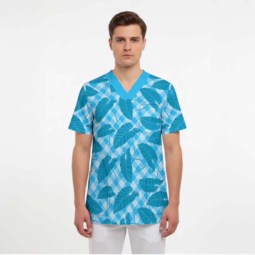 Blue Hawaii Kalo Palaka Motifs Scrub Top Hawaiian Taro Leaves Elegant Vibes - Polynesian Pride