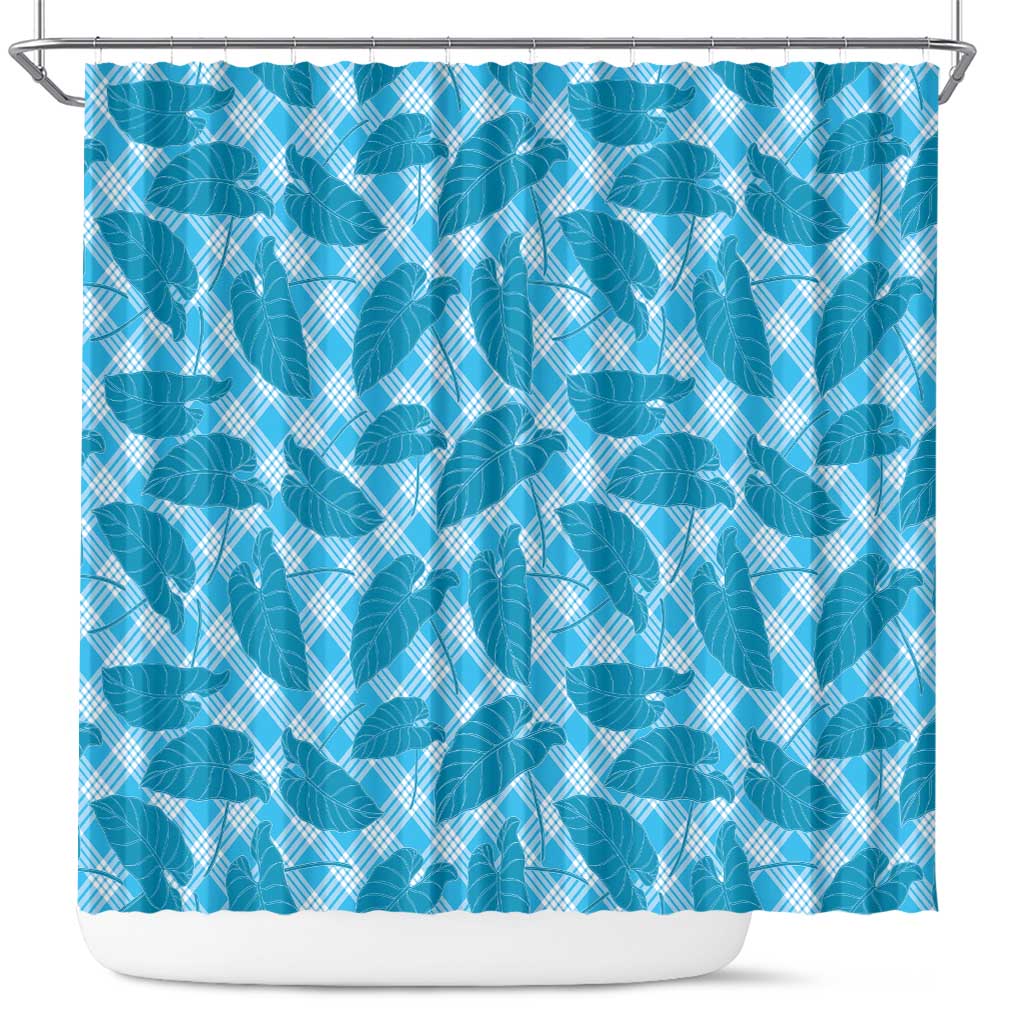 Blue Hawaii Kalo Palaka Motifs Shower Curtain Hawaiian Taro Leaves Elegant Vibes - Polynesian Pride