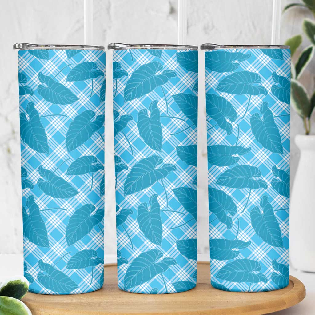 Blue Hawaii Kalo Palaka Motifs Skinny Tumbler Hawaiian Taro Leaves Elegant Vibes - Polynesian Pride