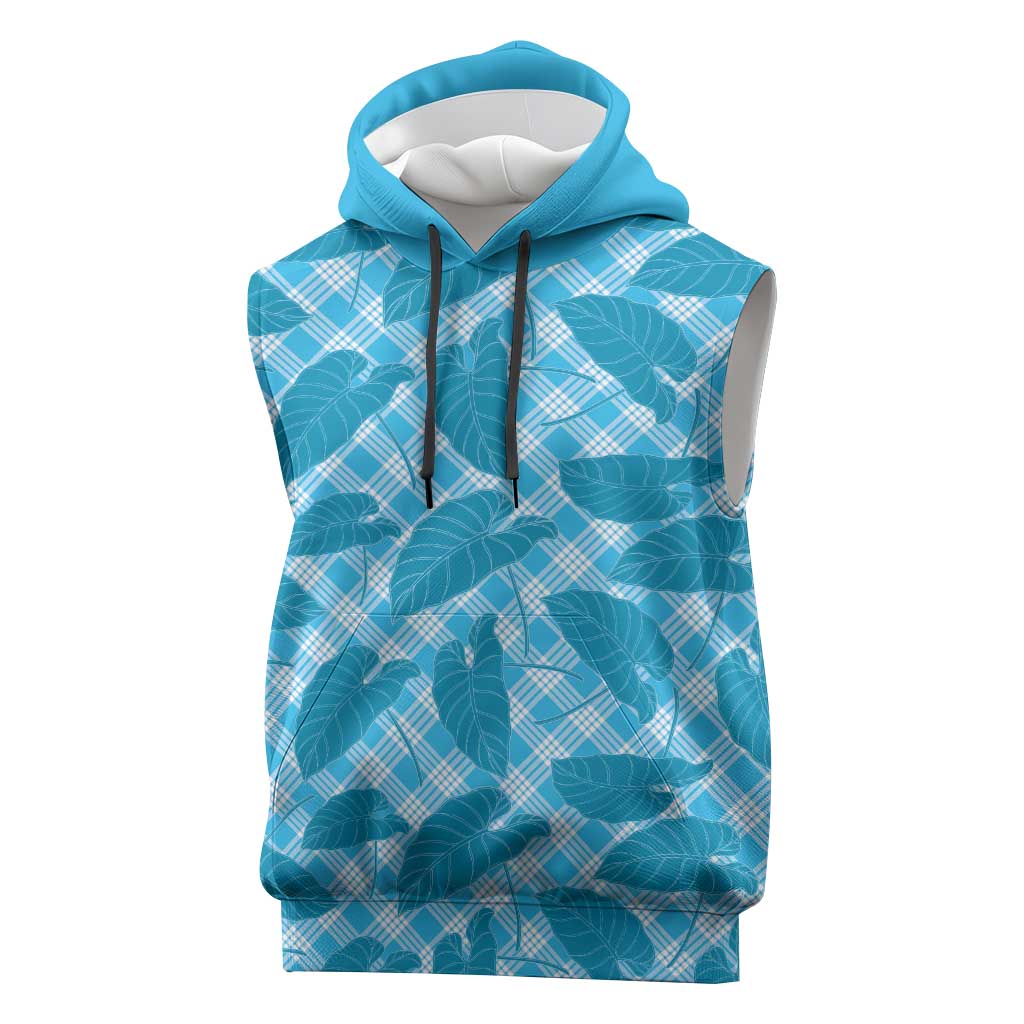 Blue Hawaii Kalo Palaka Motifs Sleeveless Hoodie Hawaiian Taro Leaves Elegant Vibes - Polynesian Pride