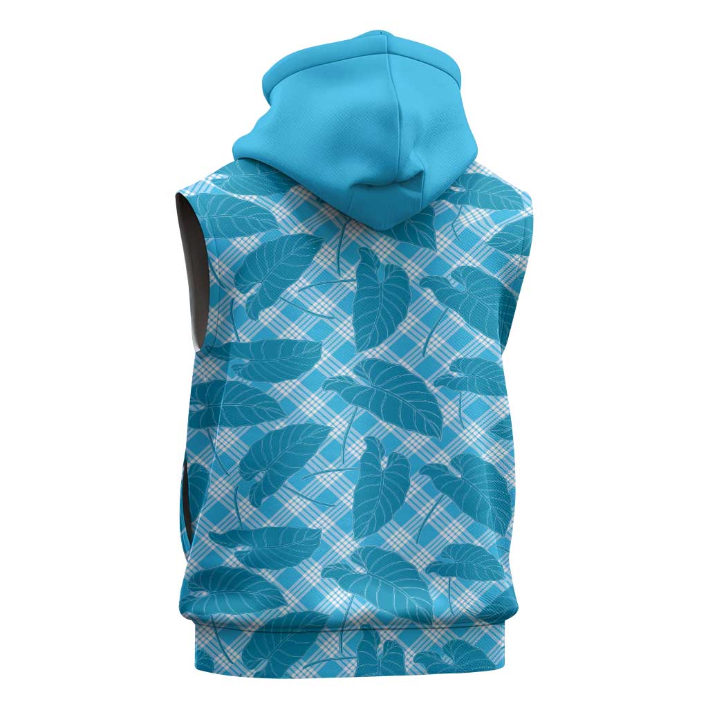 Blue Hawaii Kalo Palaka Motifs Sleeveless Hoodie Hawaiian Taro Leaves Elegant Vibes - Polynesian Pride