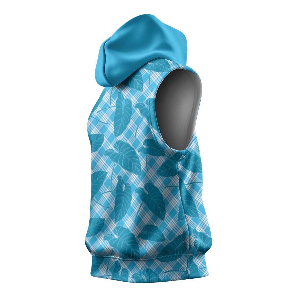 Blue Hawaii Kalo Palaka Motifs Sleeveless Hoodie Hawaiian Taro Leaves Elegant Vibes - Polynesian Pride