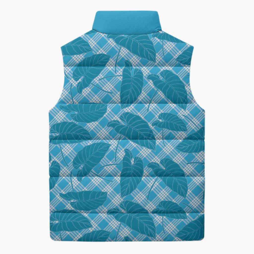 Blue Hawaii Kalo Palaka Motifs Sleeveless Puffer Jacket Hawaiian Taro Leaves Elegant Vibes - Polynesian Pride