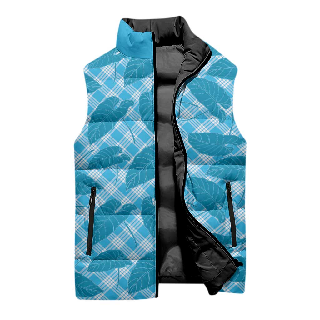 Blue Hawaii Kalo Palaka Motifs Sleeveless Puffer Jacket Hawaiian Taro Leaves Elegant Vibes - Polynesian Pride