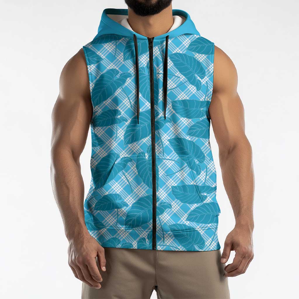 Blue Hawaii Kalo Palaka Motifs Sleeveless Zip Hoodie Hawaiian Taro Leaves Elegant Vibes - Polynesian Pride
