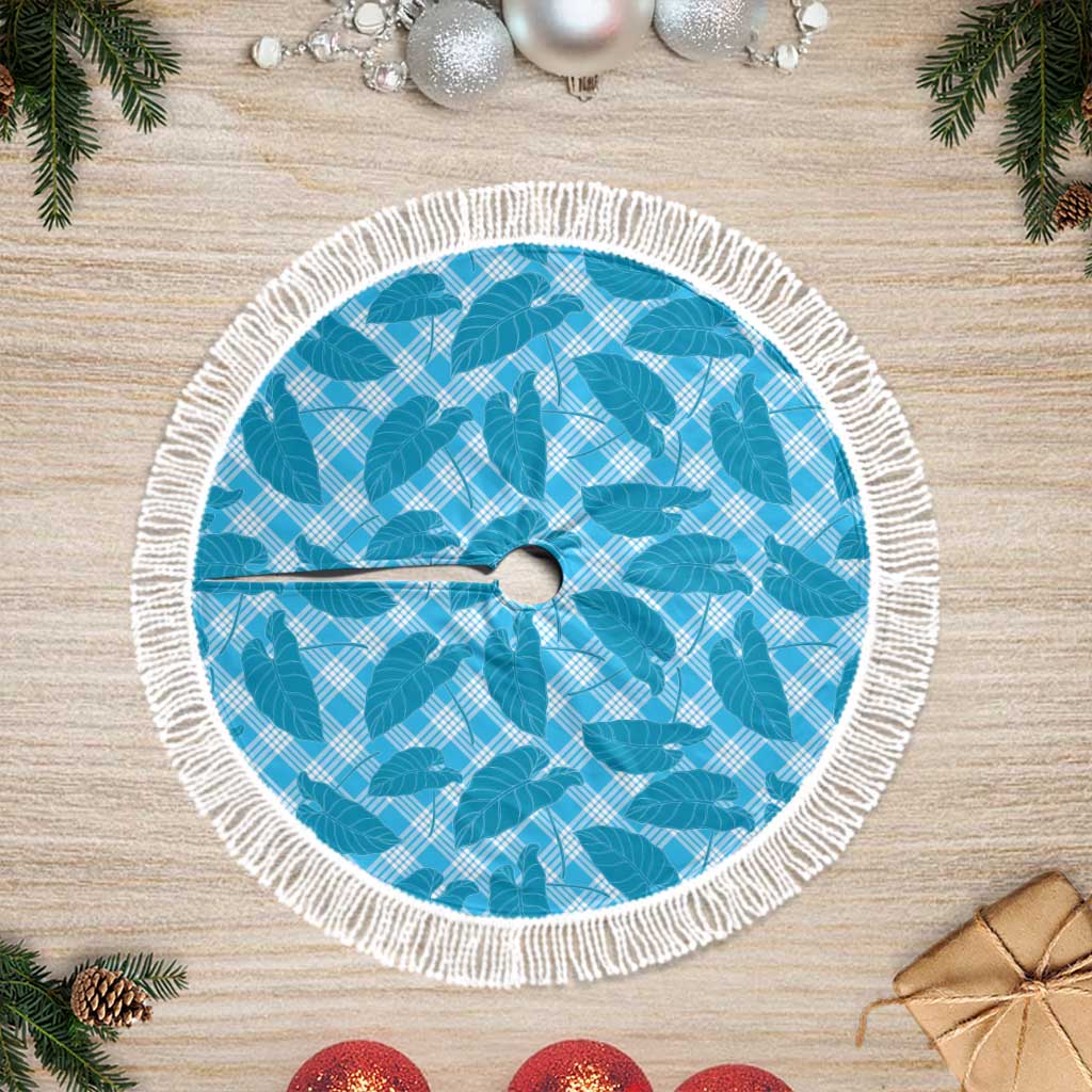 Blue Hawaii Kalo Palaka Motifs Tree Skirt Hawaiian Taro Leaves Elegant Vibes - Polynesian Pride