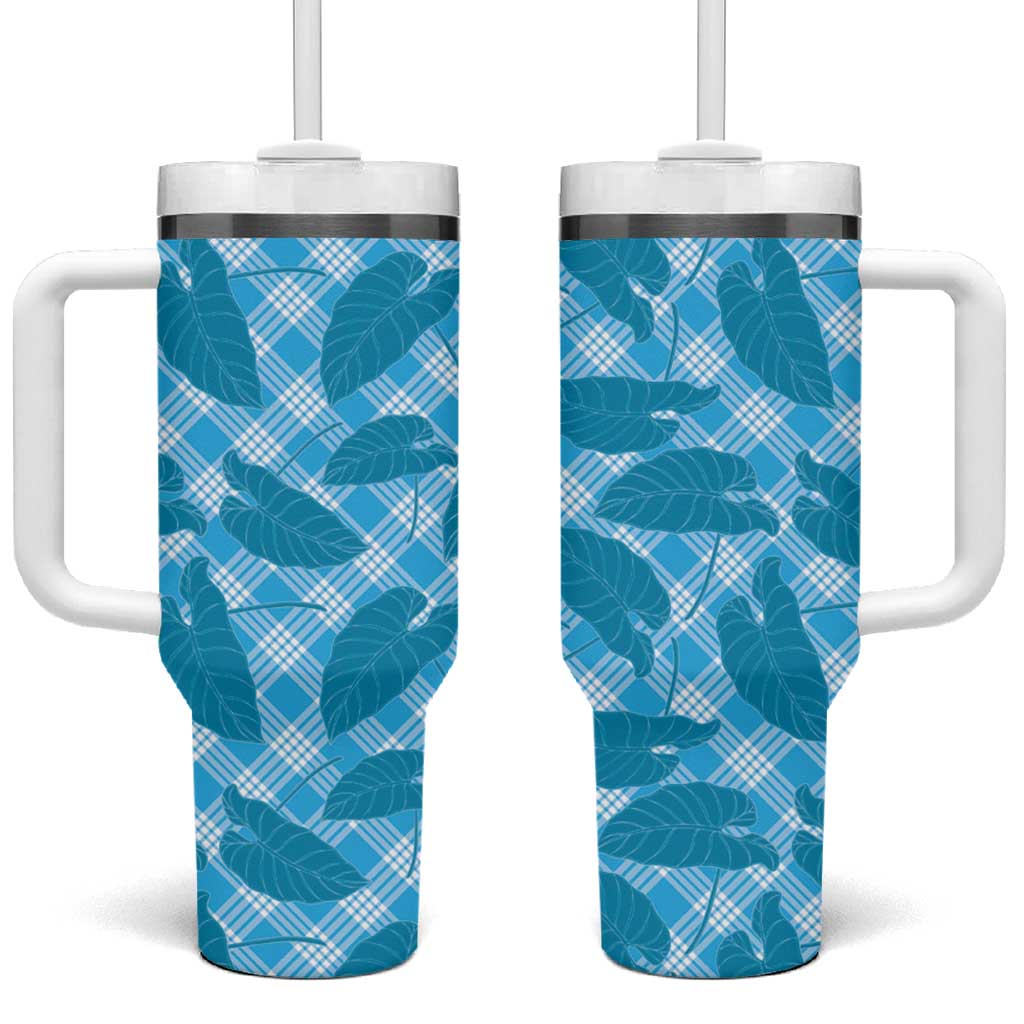 Blue Hawaii Kalo Palaka Motifs Tumbler With Handle Hawaiian Taro Leaves Elegant Vibes - Polynesian Pride