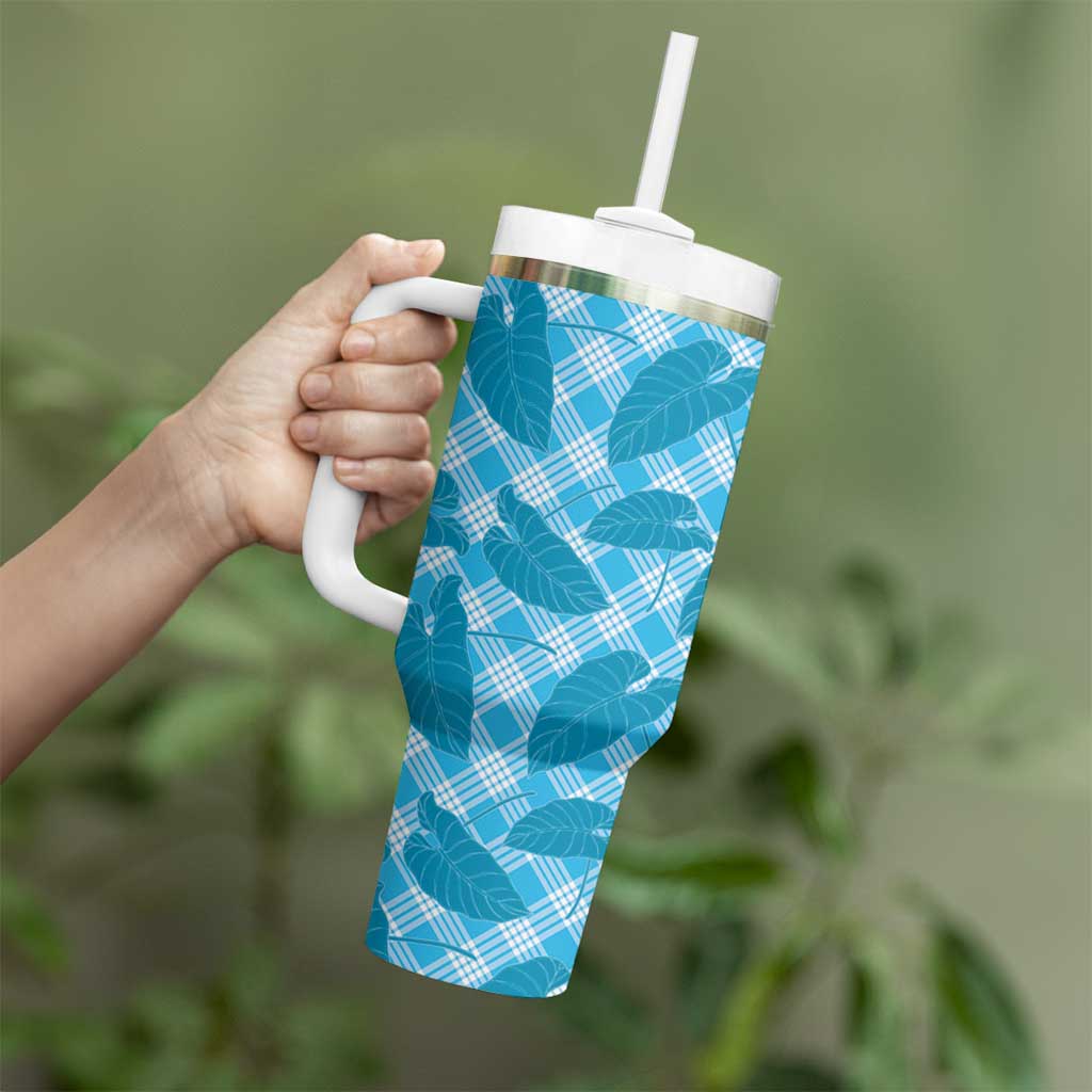 Blue Hawaii Kalo Palaka Motifs Tumbler With Handle Hawaiian Taro Leaves Elegant Vibes - Polynesian Pride