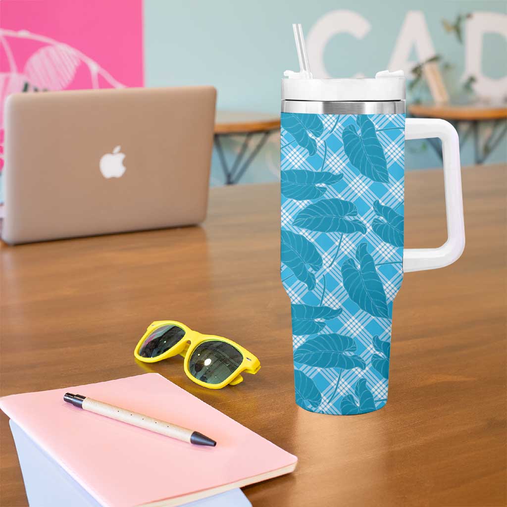 Blue Hawaii Kalo Palaka Motifs Tumbler With Handle Hawaiian Taro Leaves Elegant Vibes - Polynesian Pride