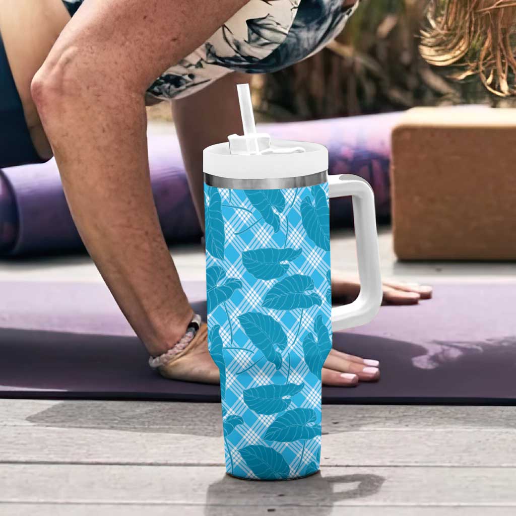 Blue Hawaii Kalo Palaka Motifs Tumbler With Handle Hawaiian Taro Leaves Elegant Vibes - Polynesian Pride