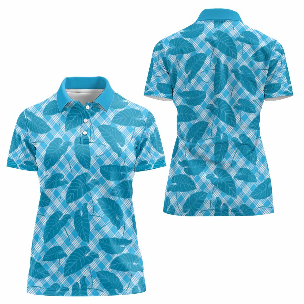 Blue Hawaii Kalo Palaka Motifs Women Polo Shirt Hawaiian Taro Leaves Elegant Vibes - Polynesian Pride