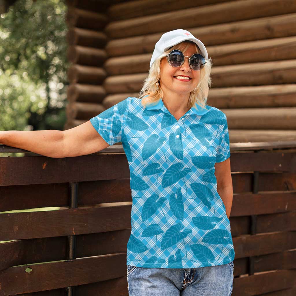 Blue Hawaii Kalo Palaka Motifs Women Polo Shirt Hawaiian Taro Leaves Elegant Vibes - Polynesian Pride