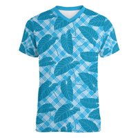 Blue Hawaii Kalo Palaka Motifs Women V-Neck T-Shirt Hawaiian Taro Leaves Elegant Vibes - Polynesian Pride
